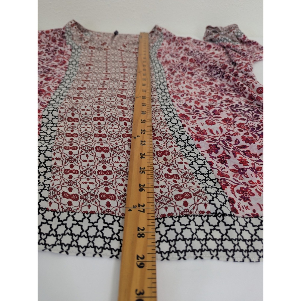 NYDJ Tunic Blouse Women 2X Red White Mixed Print Floral V-Neck 3/4 Sleeve Boho - Picture 7 of 8